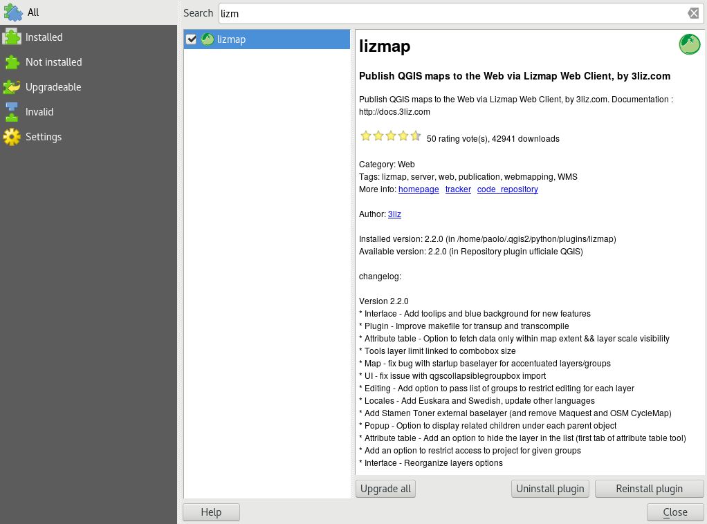 Instalace zásuvného modulu Lizmap ve správci zásuvných modulů QGIS